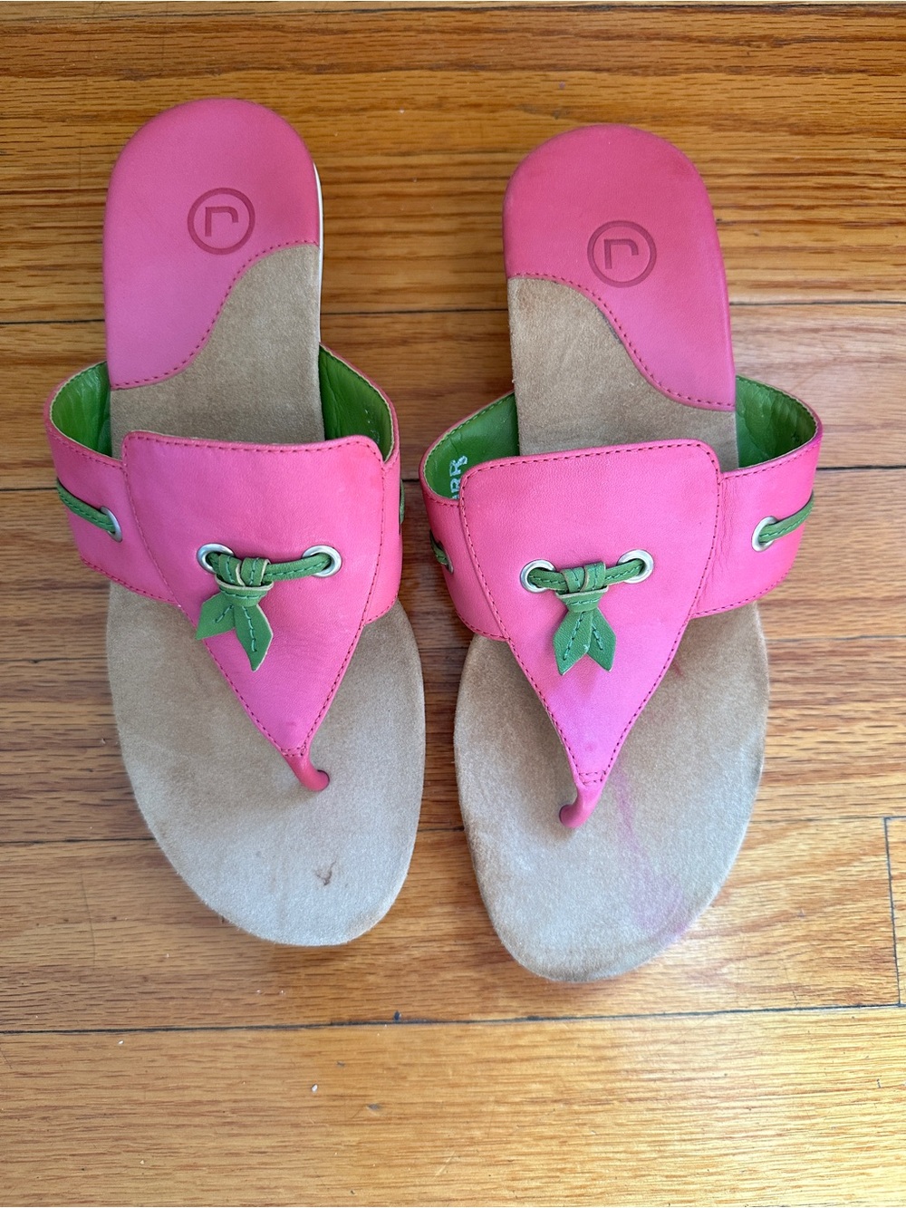Rockport Pink and Green Leather Thong Sandals 7.5